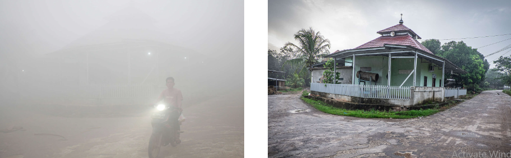 Potret Desa Lebung Itam, OKI, Sumatera Selatan sebelum dan setelah asap akibat kebakaran hutan dan lahan gambut (karhutla) memerangkap desa tersebut. (Foto: Abriansyah Liberto/Greenpeace Indonesia)