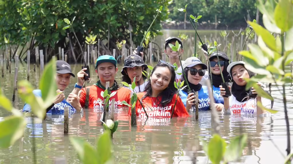 Penanaman mangrove di Tangerang Mangrove Center, Tanjung Pasir, Banten pada puncak Aksi Muda Jaga Iklim 2024. (Yayasan EcoNusa)
