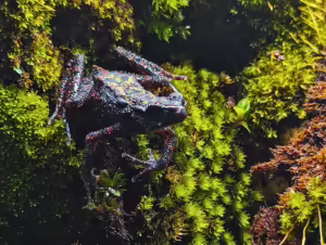 Kodok darah alias bleeding toad (Leptophryne cruentata) tampak di dalam akuarium penangkaran milik Taman Safari Indonesia, Bogor, Rabu, 16 April 2025. Kodok darah merupakan satu-satunya dari sedikitnya 400-an amfibi yang dilindungi di Indonesia dan status keterancamannya menurut International Union for Conservation of Nature (IUCN) masuk pada tahap kritis atau dua tahap jelang punah.
